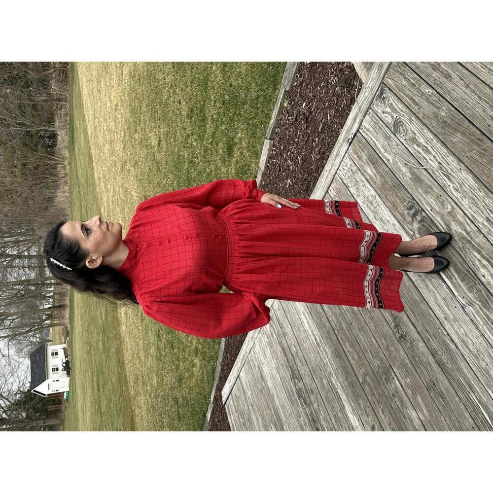 Vintage 80s 2 Piece Flowy Shirt Skirt Set Red Windowpane Graphic Buttons SIZE M